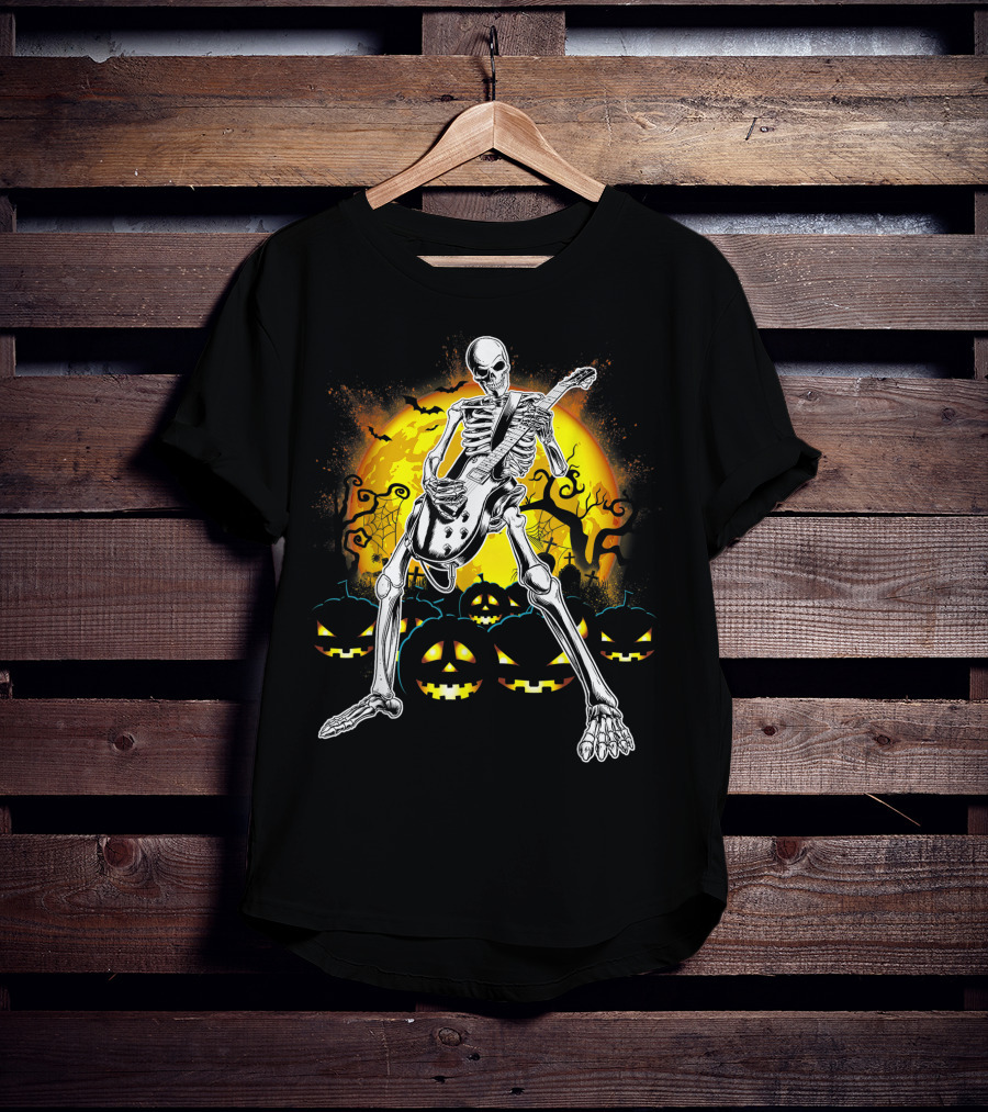 Skeleton Rocking Guitar Halloween Pumpkin Scene T-Shirt