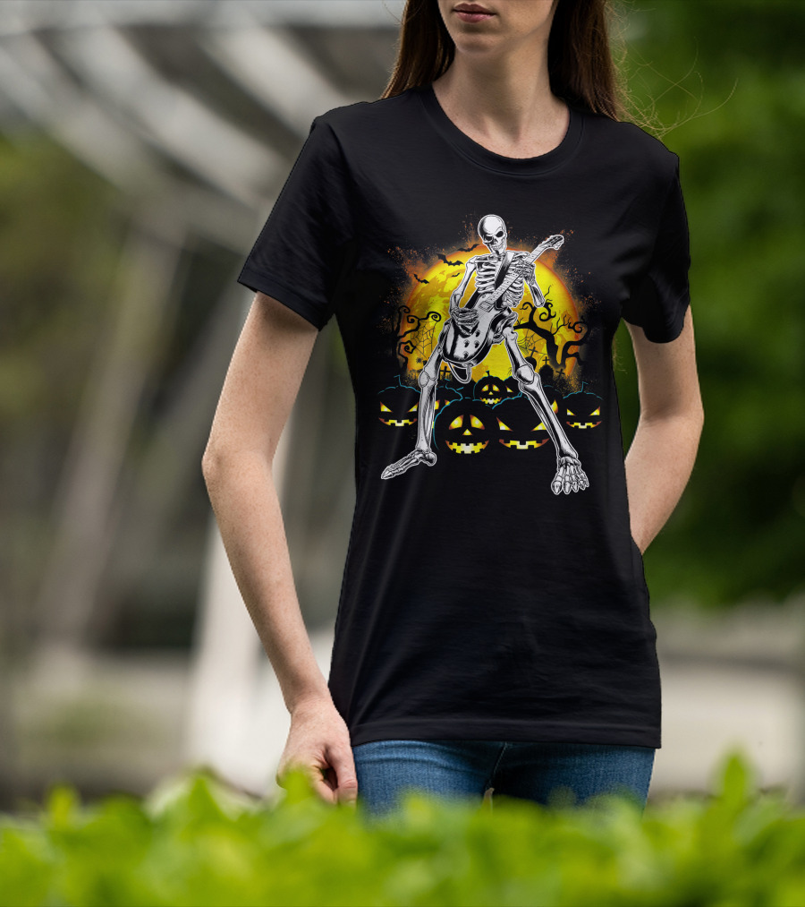 Skeleton Rocking Guitar Halloween Pumpkin Scene T-Shirt