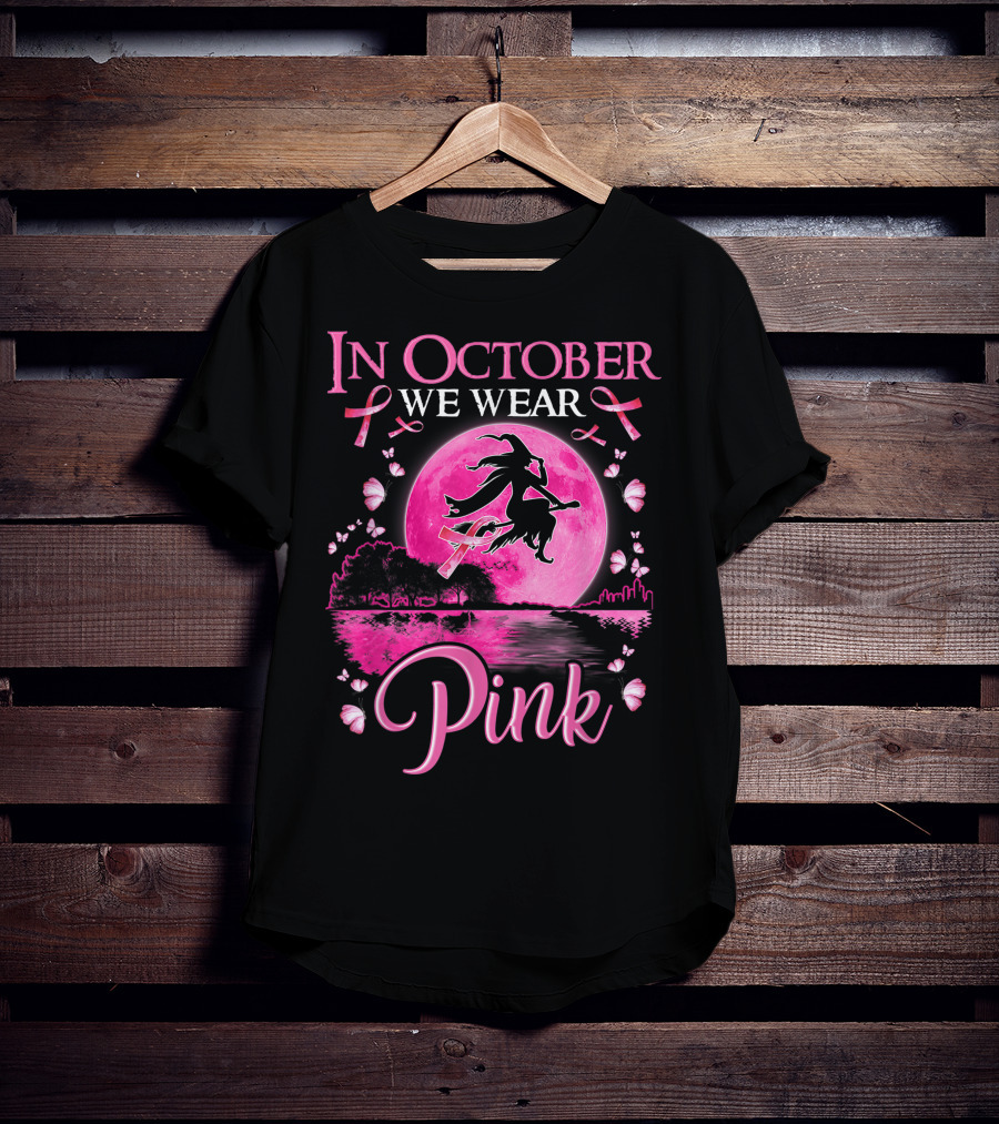 In October We Wear Pink Witch And Moon Breast Cancer Awareness T-Shirt