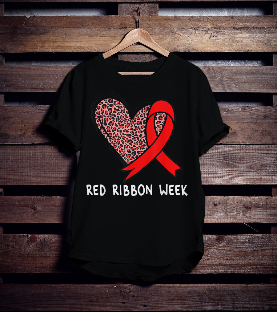 Red Ribbon Week Leopard Print Heart T-Shirt