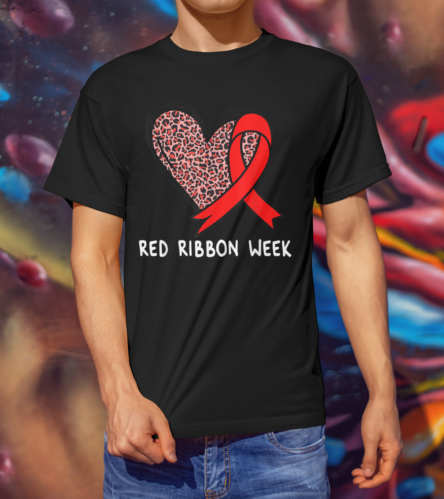 Red Ribbon Week Leopard Print Heart T-Shirt