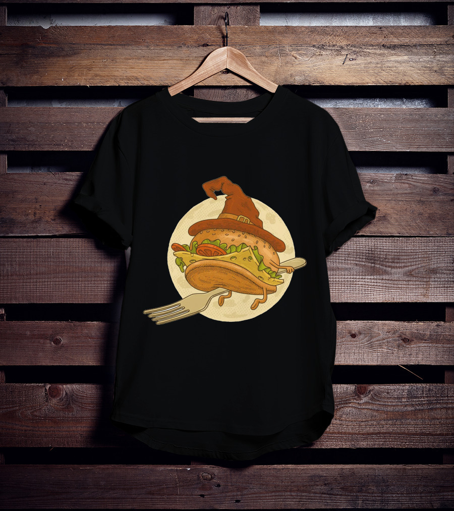 Hamburger With Witch Hat Riding A Fork In Front Of Full Moon T-Shirt