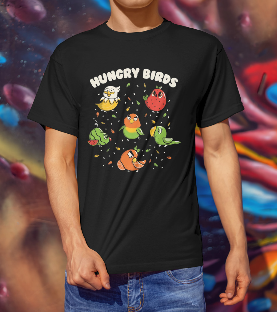 Hungry Birds Parrots Fruit Characters T-Shirt