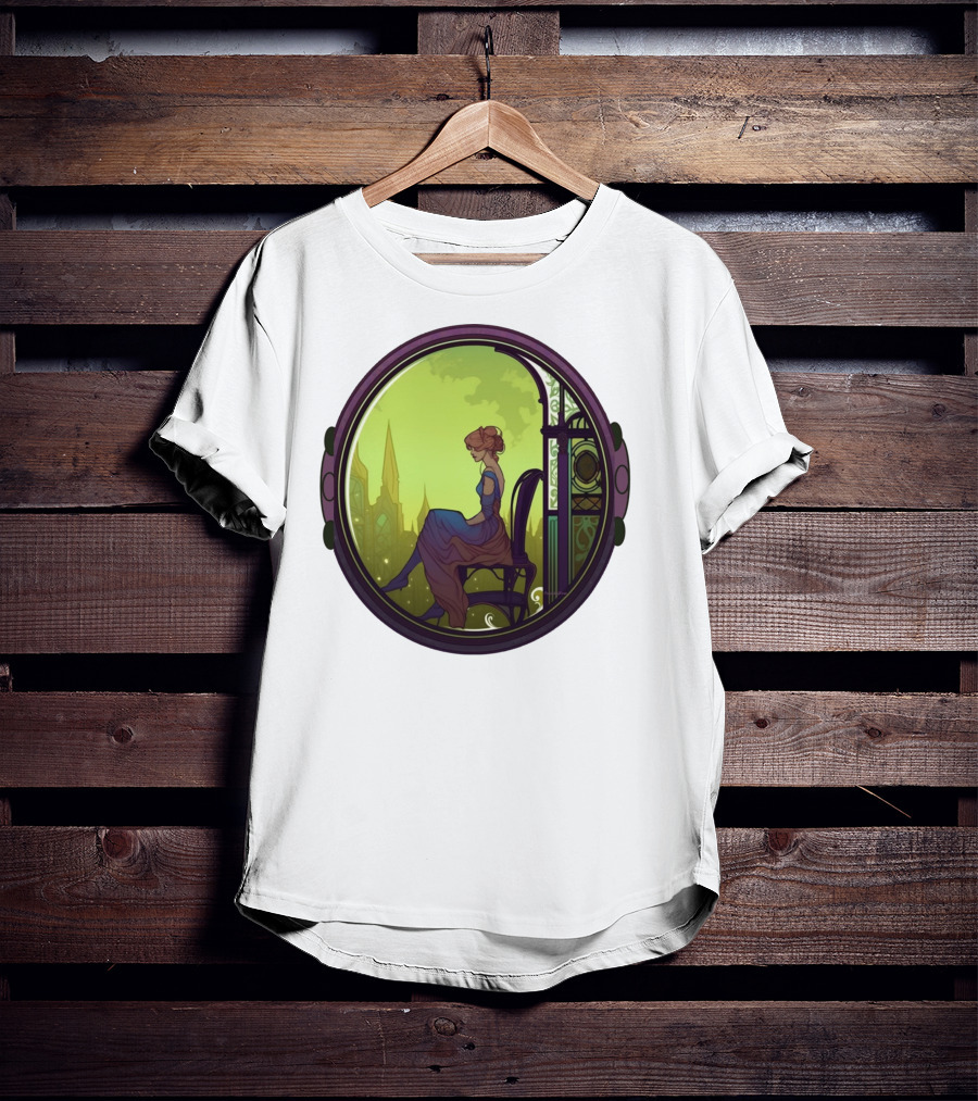 Mysterious Pensive Woman In Enchanted Gothic Cityscape T-Shirt