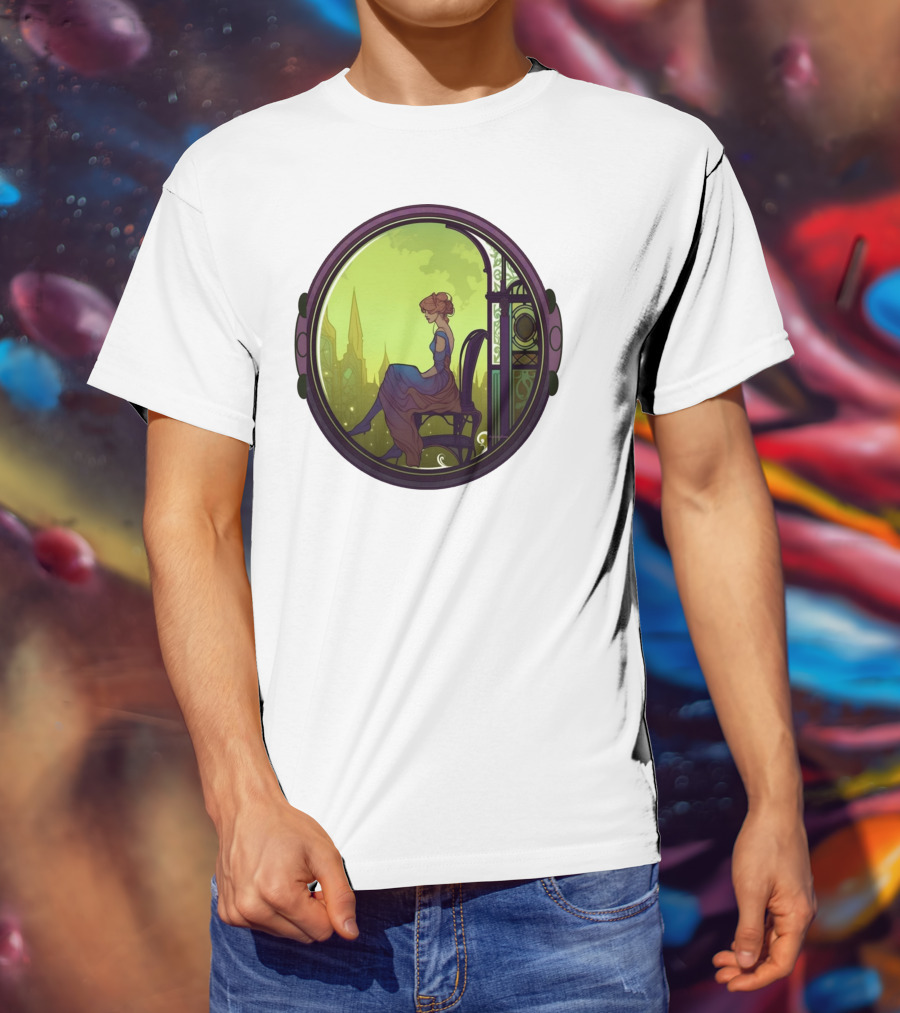 Mysterious Pensive Woman In Enchanted Gothic Cityscape T-Shirt