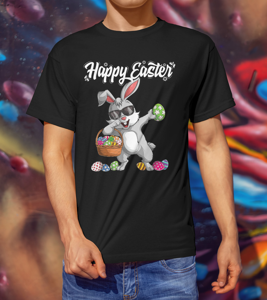 Happy Easter Dabbing Rabbit With Basket And Eggs T-Shirt