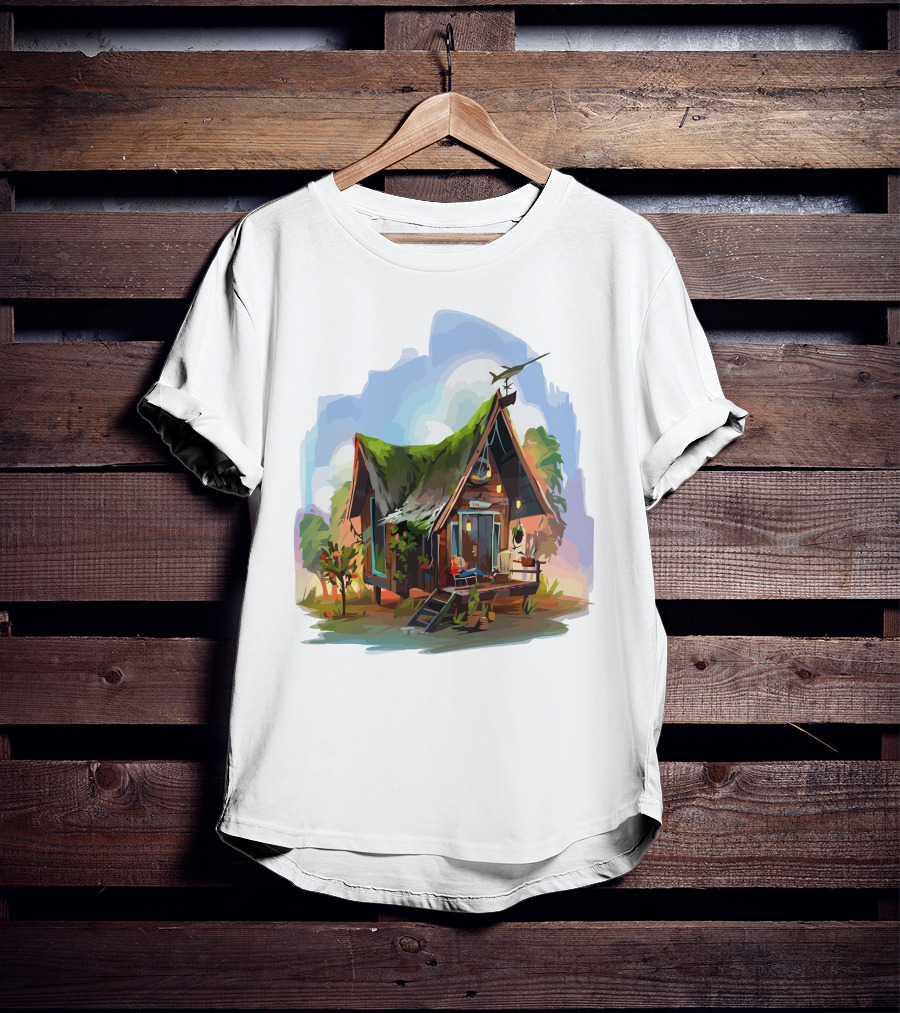 Dream House With Grass Roof And Airplane Sky Scene T-Shirt