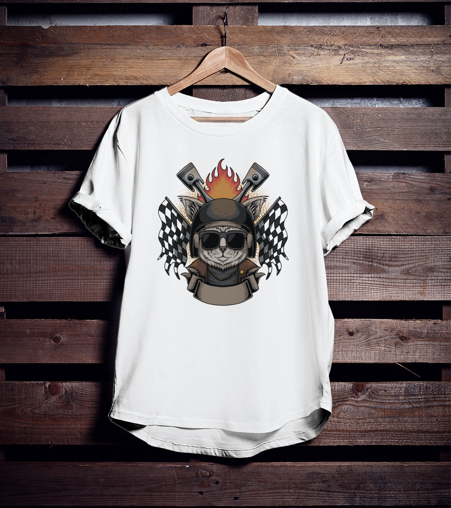Cat Helmet Motorcycle Flames Checkered Flags Emblem T-Shirt