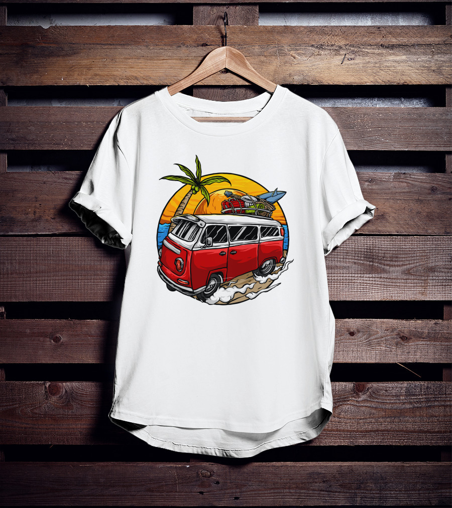 Holiday Vintage Car With Sunset Surfboard And Palm Tree Beach Scene T-Shirt