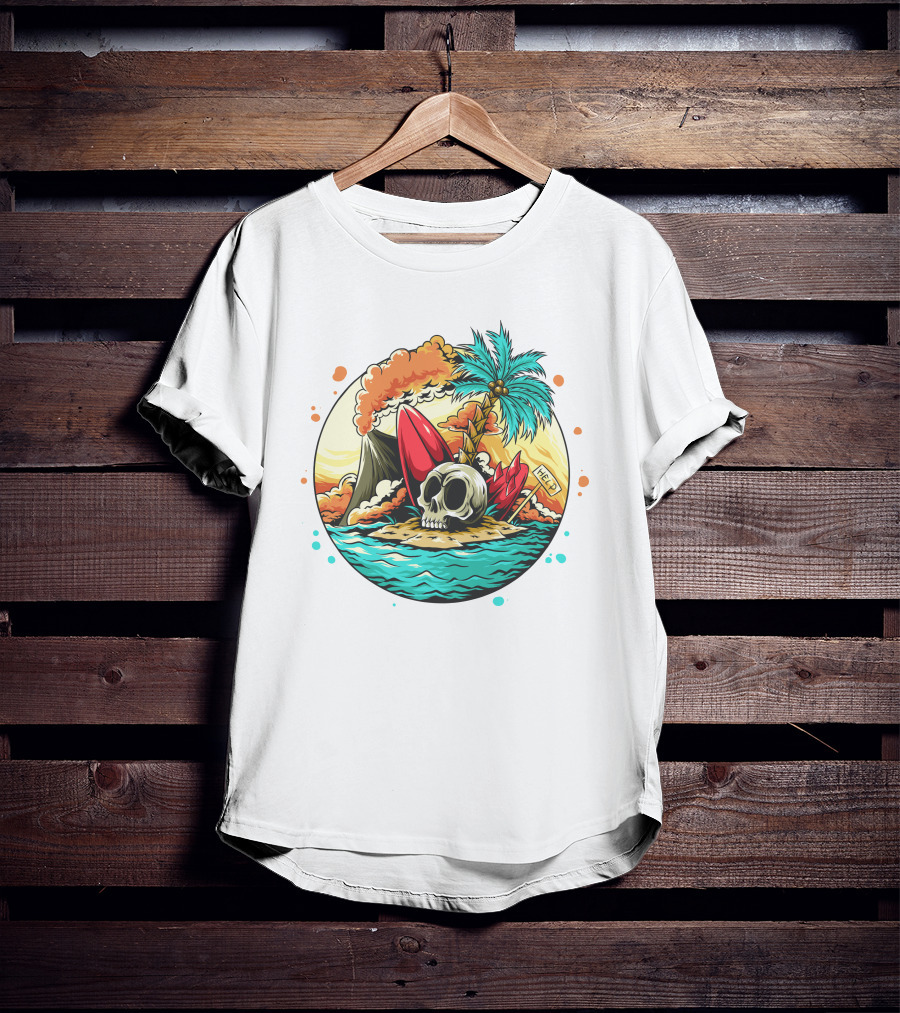Summer Skull Island Paradise With Palm And Volcano T-Shirt