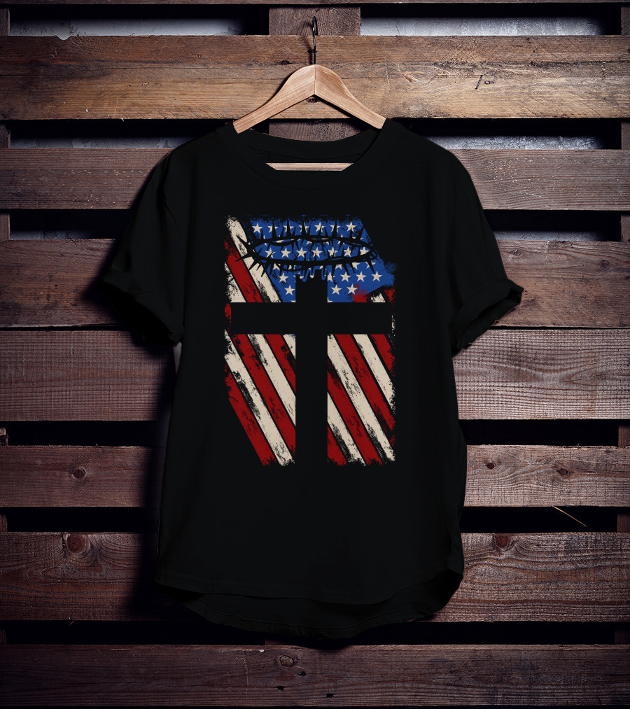 God Protect America American Flag Cross With Crown Of Thorns T-Shirt