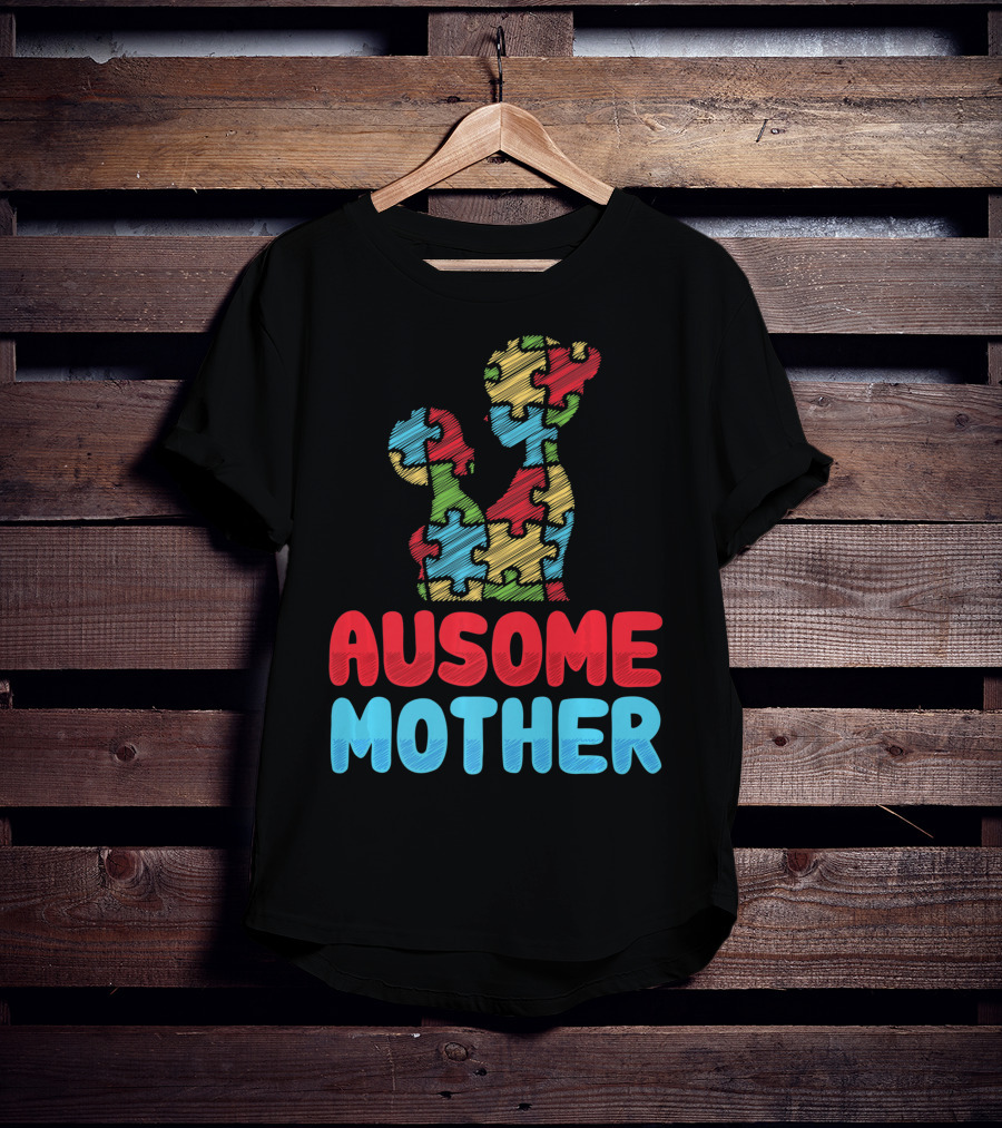 Ausome Mother Colorful Puzzle Piece Autism Awareness T-Shirt