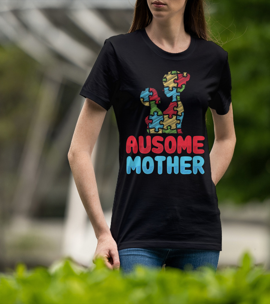 Ausome Mother Colorful Puzzle Piece Autism Awareness T-Shirt