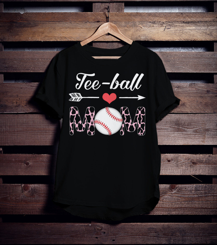 Tee-Ball Mom Heart Arrow Baseball Cow Print T-Shirt