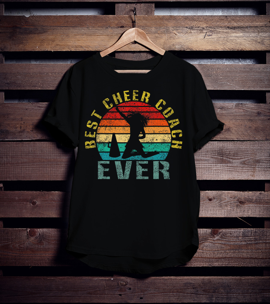Best Cheer Coach Ever Vintage Silhouette With Megaphone And Sunset Stripes T-Shirt