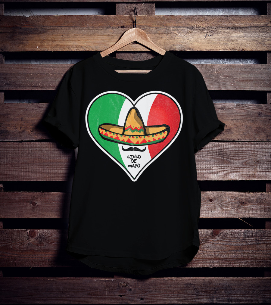 Cinco De Mayo Vintage Sombrero Heart Mexican Flag T-Shirt
