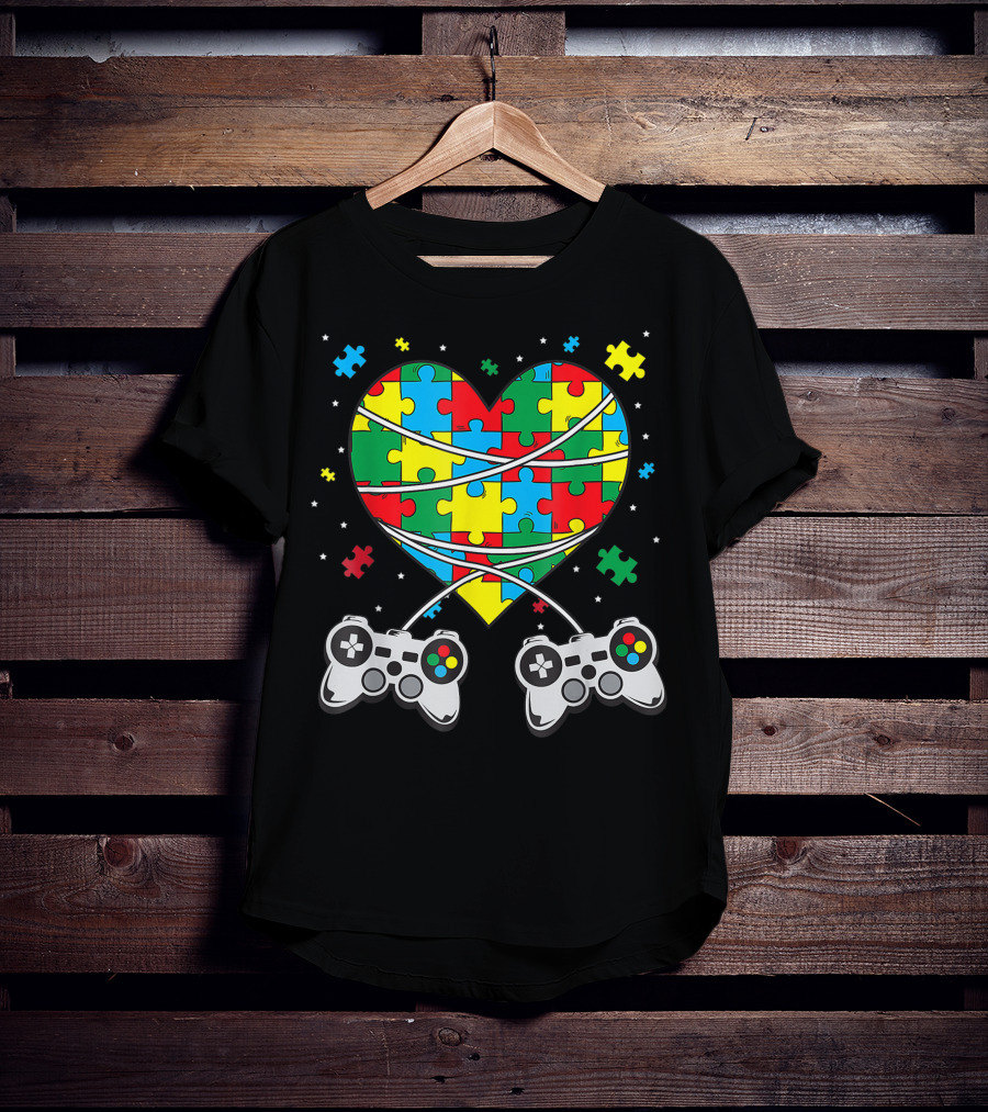 Boys Autism Awareness Month Puzzle Heart Video Game Controllers T-Shirt