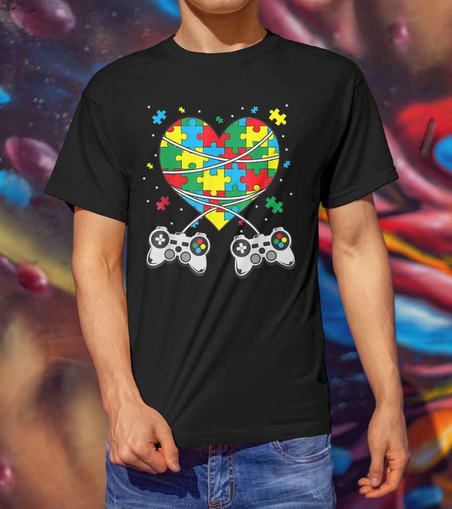 Boys Autism Awareness Month Puzzle Heart Video Game Controllers T-Shirt