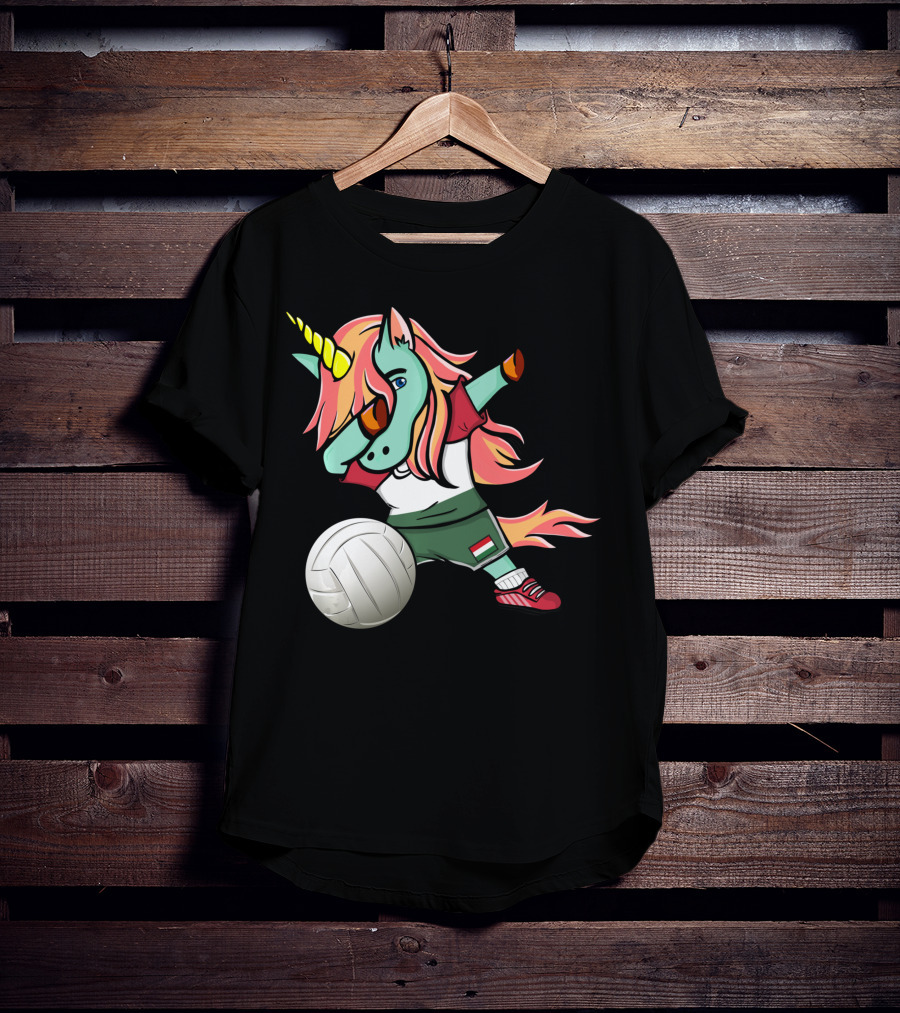 Dabbing Unicorn Hungarian Volleyball Lovers With Flag Jersey T-Shirt
