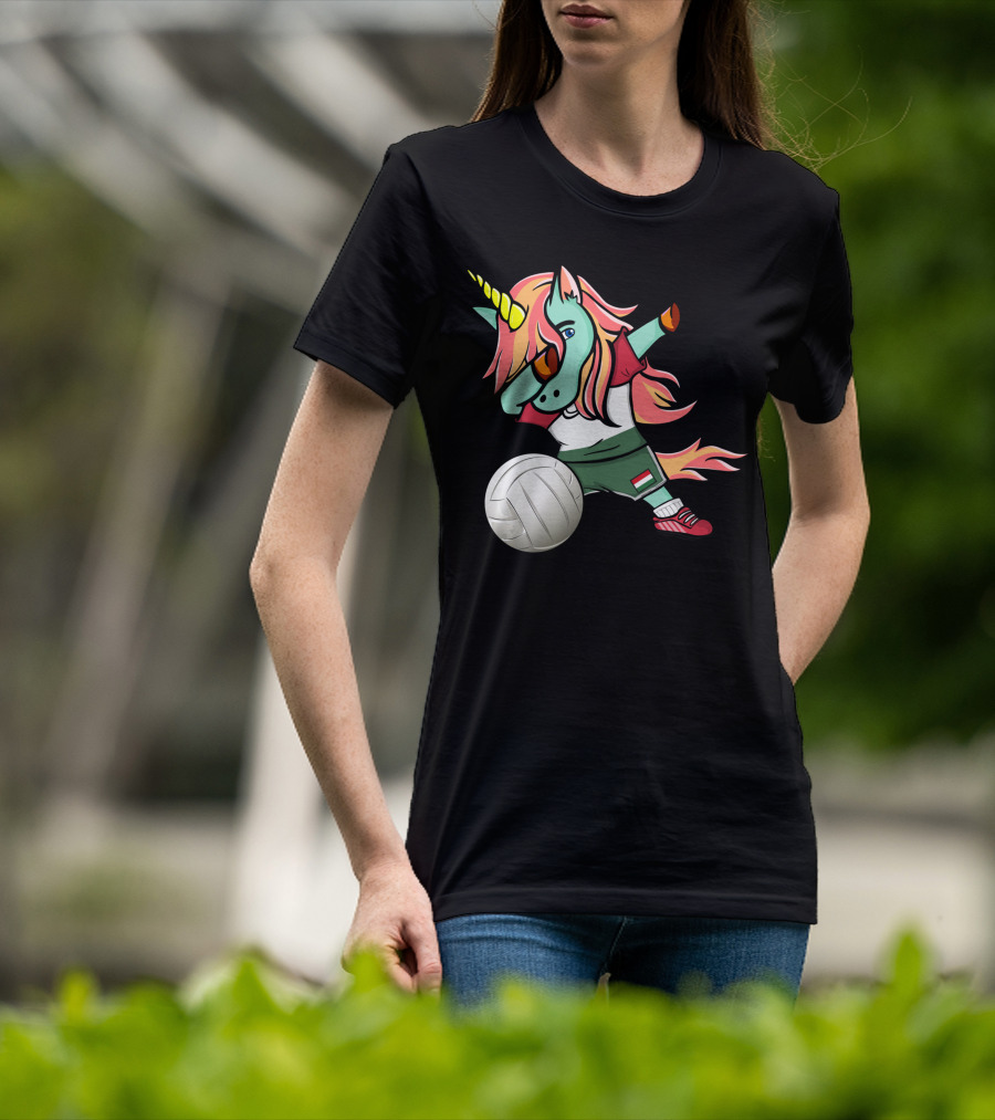 Dabbing Unicorn Hungarian Volleyball Lovers With Flag Jersey T-Shirt