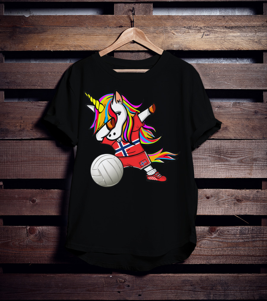 Dabbing Unicorn Norway Volleyball Fans Norwegian Flag Rainbow Jersey T-Shirt