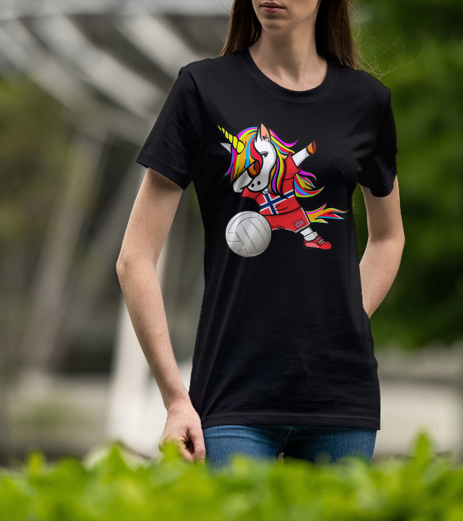Dabbing Unicorn Norway Volleyball Fans Norwegian Flag Rainbow Jersey T-Shirt