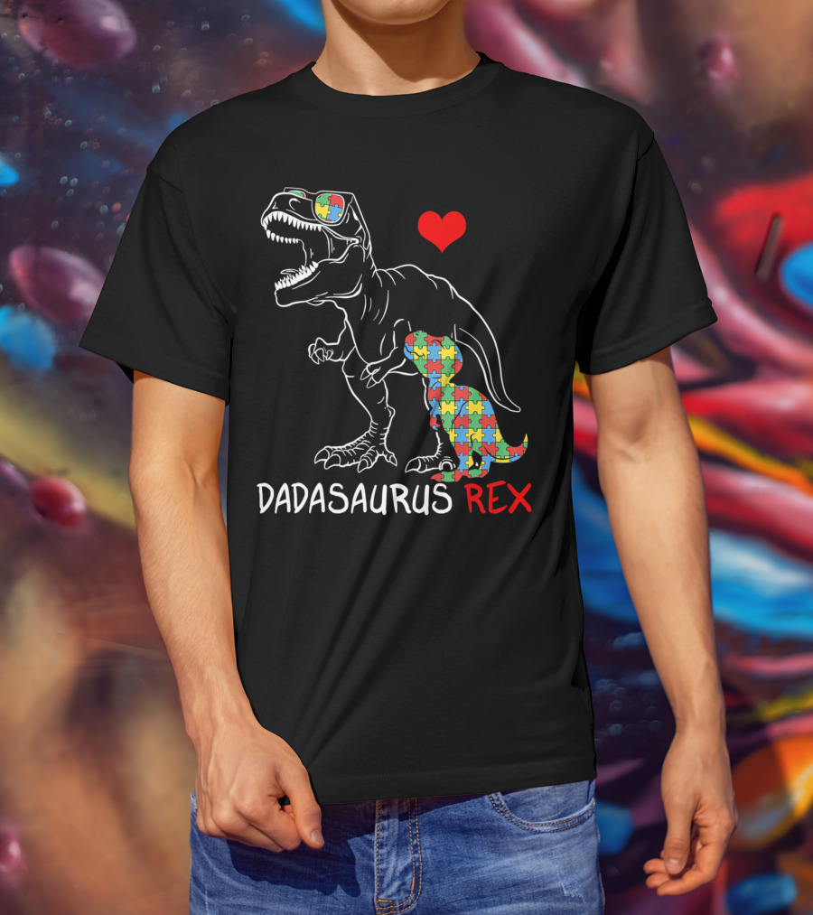 Dadasaurus Rex Heart Puzzle Autism Awareness Daddy T-Shirt