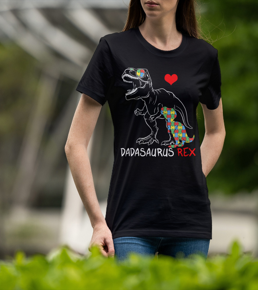 Dadasaurus Rex Heart Puzzle Autism Awareness Daddy T-Shirt
