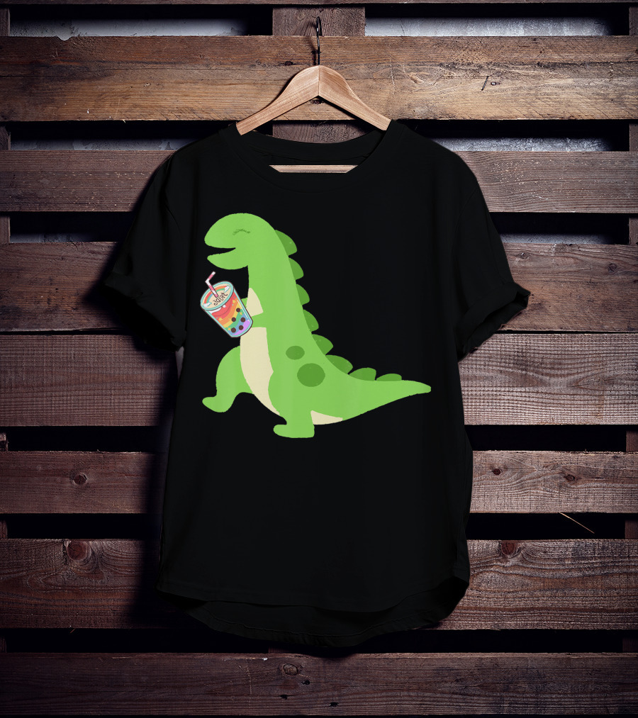 Dino Drinking Bubble Tea With Colorful Boba T-Shirt