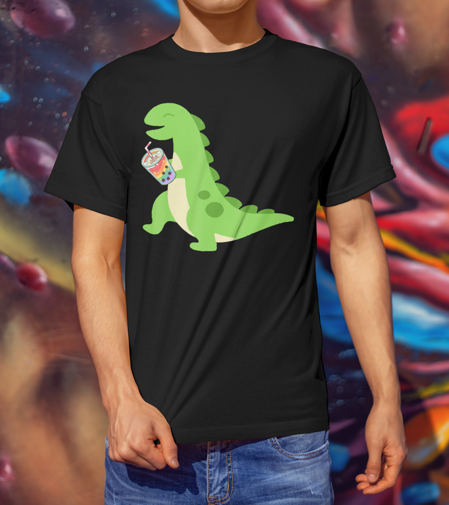 Dino Drinking Bubble Tea With Colorful Boba T-Shirt