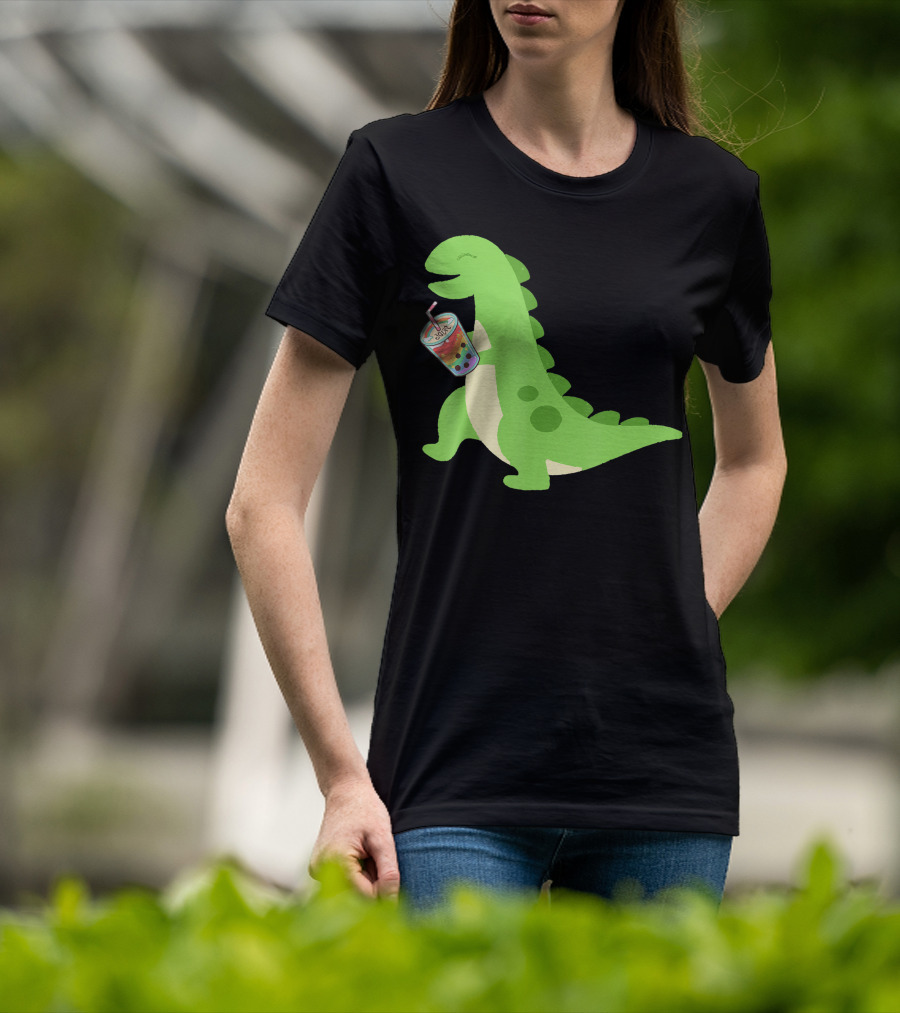 Dino Drinking Bubble Tea With Colorful Boba T-Shirt