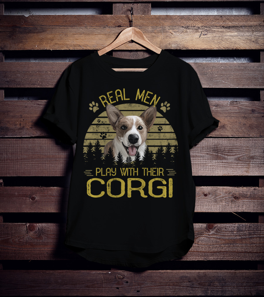 Real Men Play With Their Corgi Dog Adventure Forest Scene T-Shirt