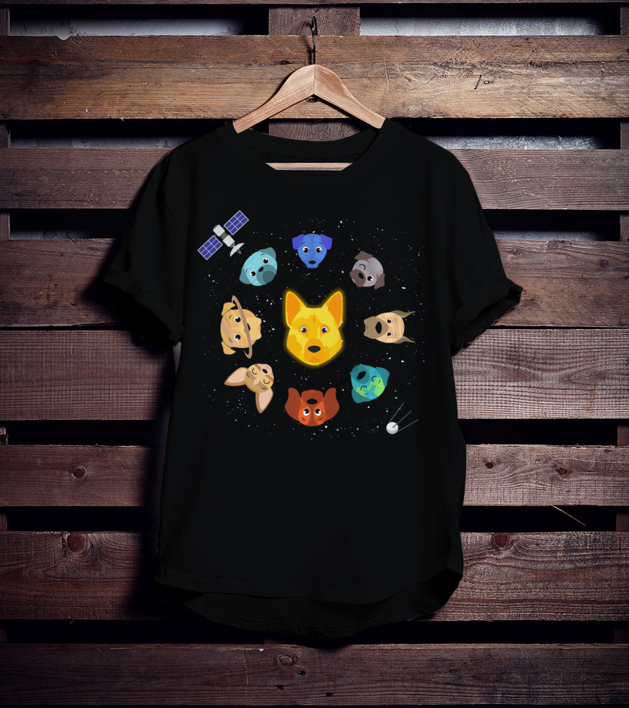 Dogs In Space Puppy Heads Orbiting With Rocket And Satellite T-Shirt