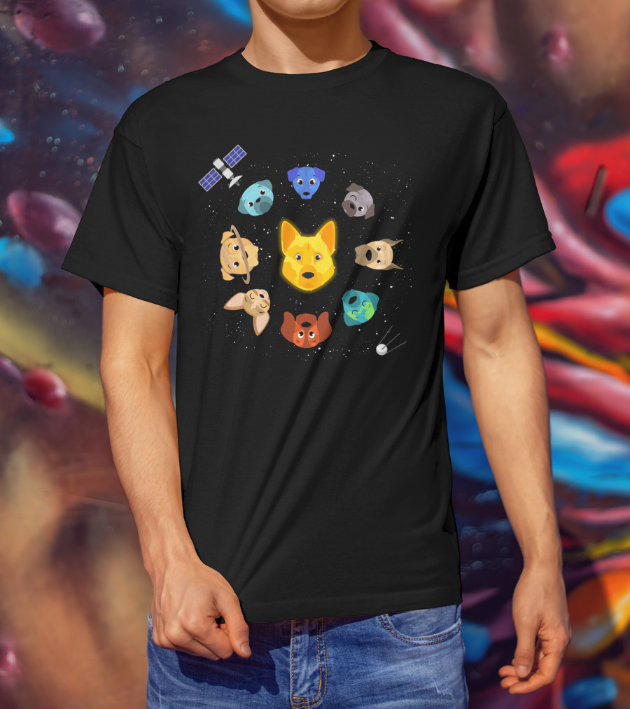 Dogs In Space Puppy Heads Orbiting With Rocket And Satellite T-Shirt