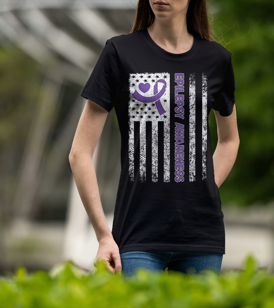 Epilepsy Awareness Flag Purple Ribbon Heart Warrior T-Shirt
