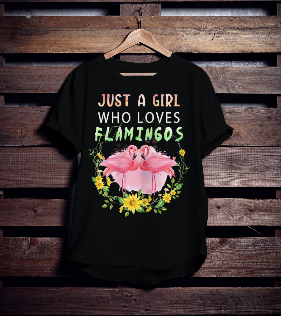 Just A Girl Who Loves Flamingos With Pink Flamingo Pair And Yellow Flowers T-Shirt