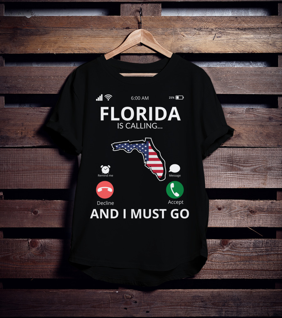 Florida Is Calling And I Must Go American Flag Florida Map T-Shirt