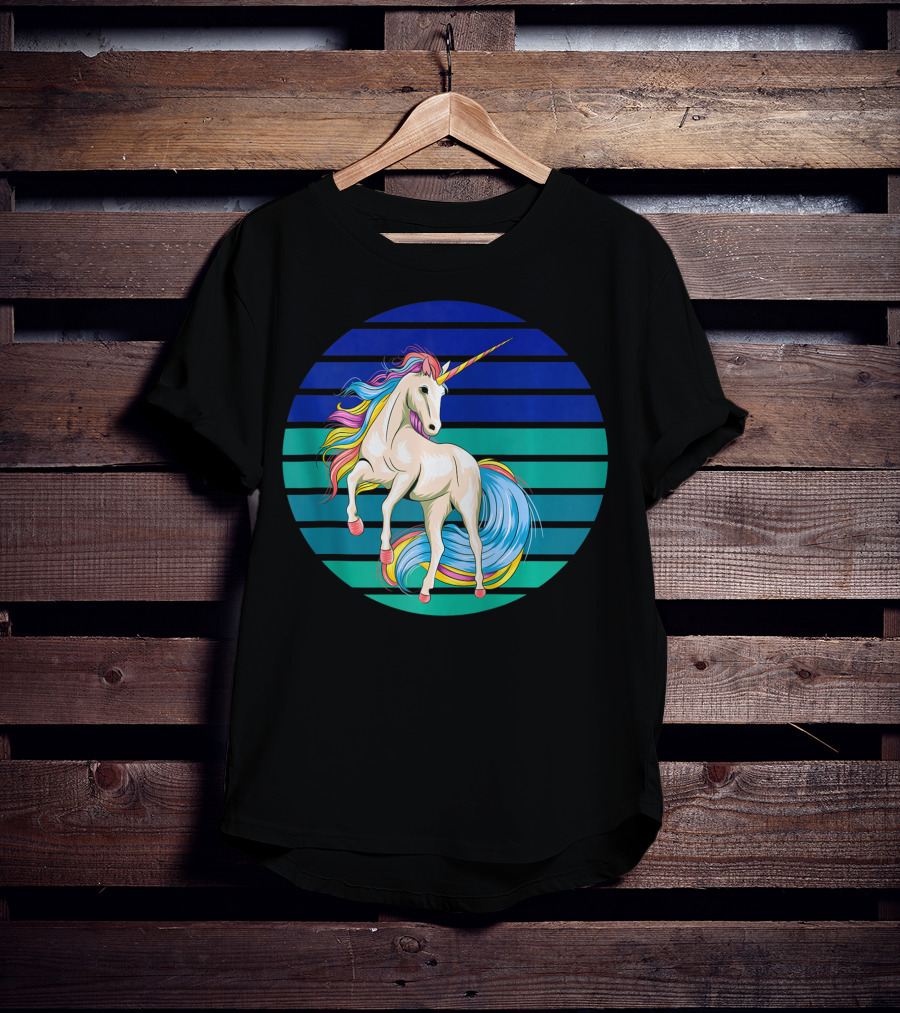 Girls Unicorn Rainbow Striped Sunset T-Shirt