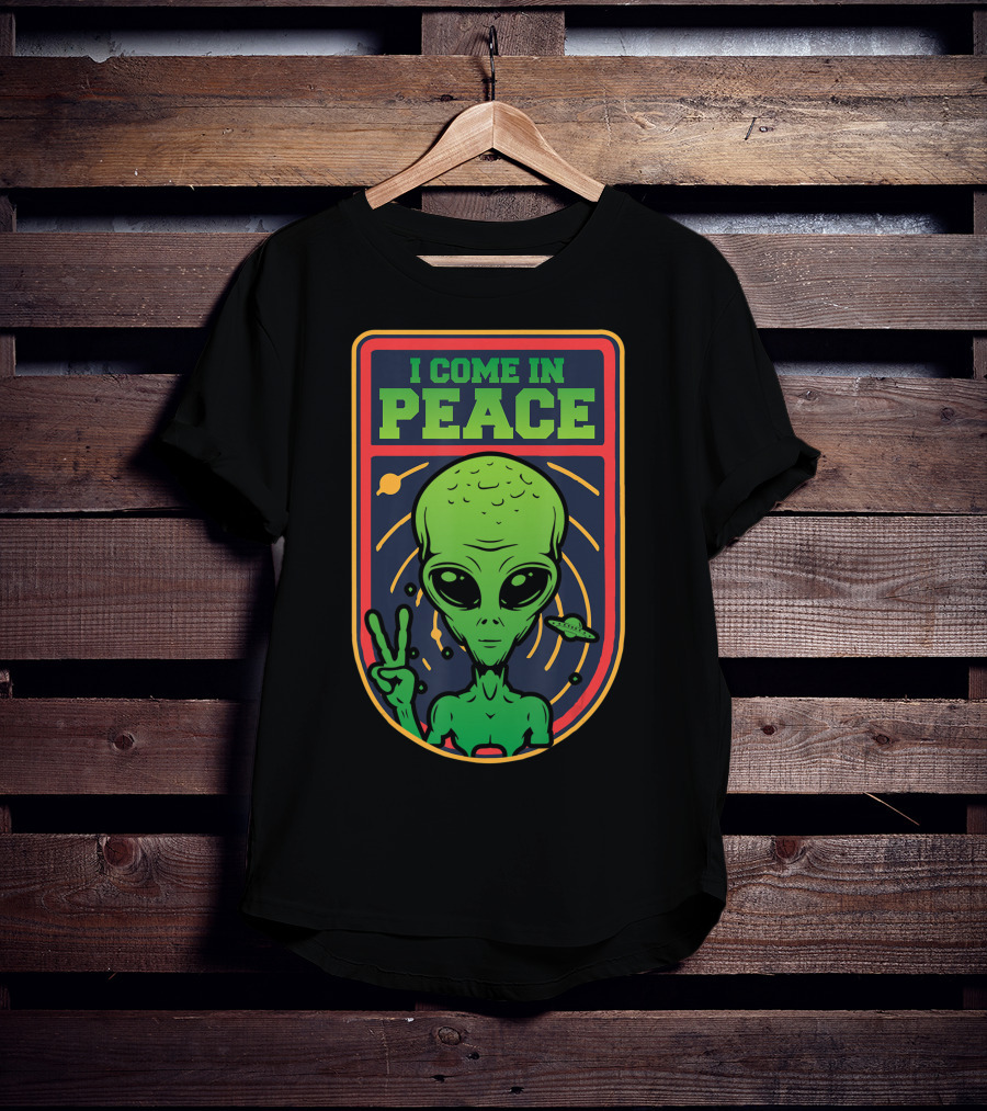 I Come In Peace Green Alien Face Head With UFO And Peace Sign T-Shirt