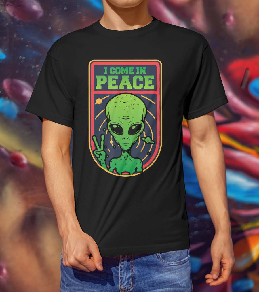 I Come In Peace Green Alien Face Head With UFO And Peace Sign T-Shirt