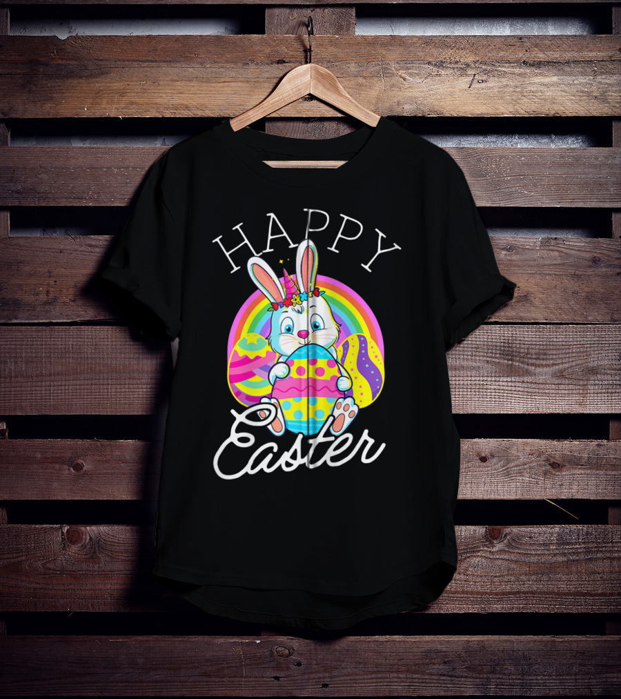 Happy Easter Unicorn Bunny Rabbit Eggs Rainbow Cute Kids Girls Women T-Shirt