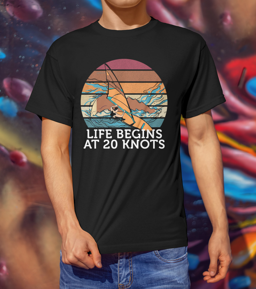 Life Begins At 20 Knots Vintage Sunset Beach Surfing Windsurfing Ocean Waves T-Shirt