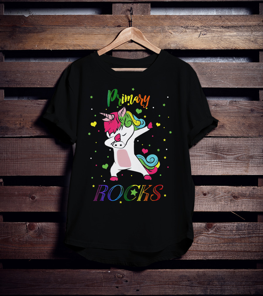 Primary Rocks Colorful Dabbing Unicorn With Hearts And Stars T-Shirt