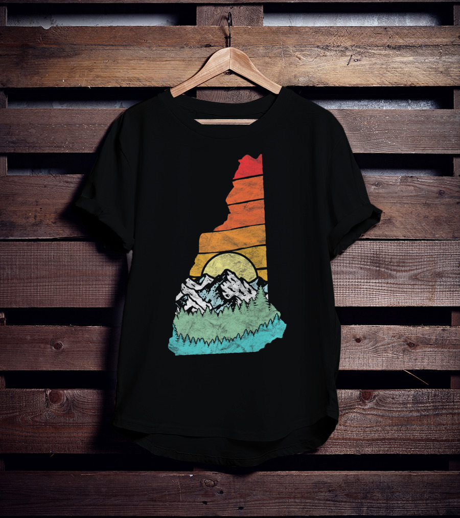 Retro New Hampshire State Outline With Mountains And Forest Sunset T-Shirt