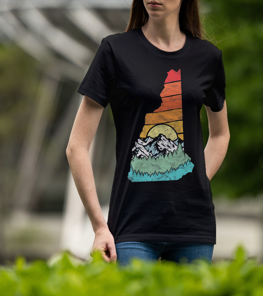 Retro New Hampshire State Outline With Mountains And Forest Sunset T-Shirt