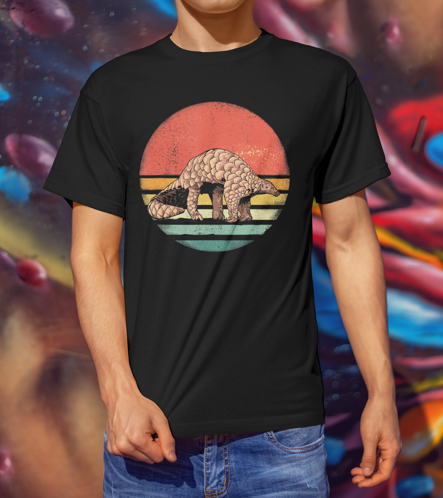 Retro Vintage Pangolin Nature Lover Sunset Stripes T-Shirt
