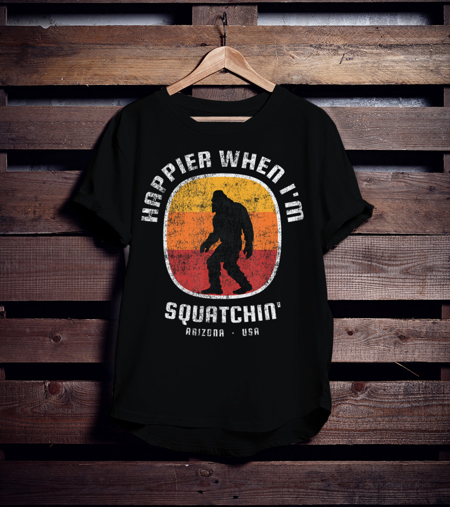 Happier When I'm Squatchin' Arizona USA Sasquatch Silhouette Retro Stripes T-Shirt