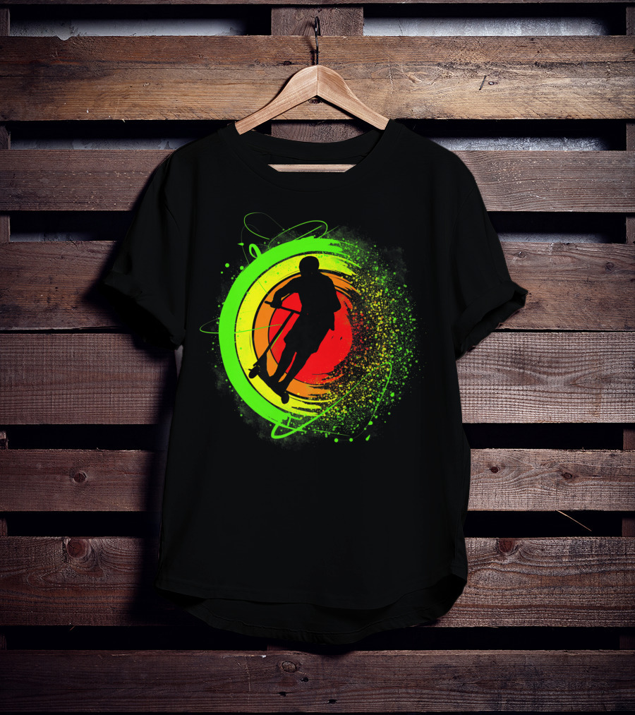 Scooter Stunt Action Silhouette In Vivid Circular Splash T-Shirt