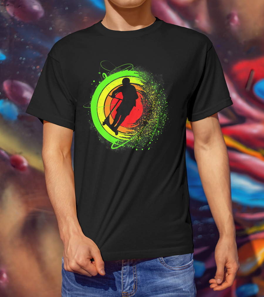 Scooter Stunt Action Silhouette In Vivid Circular Splash T-Shirt