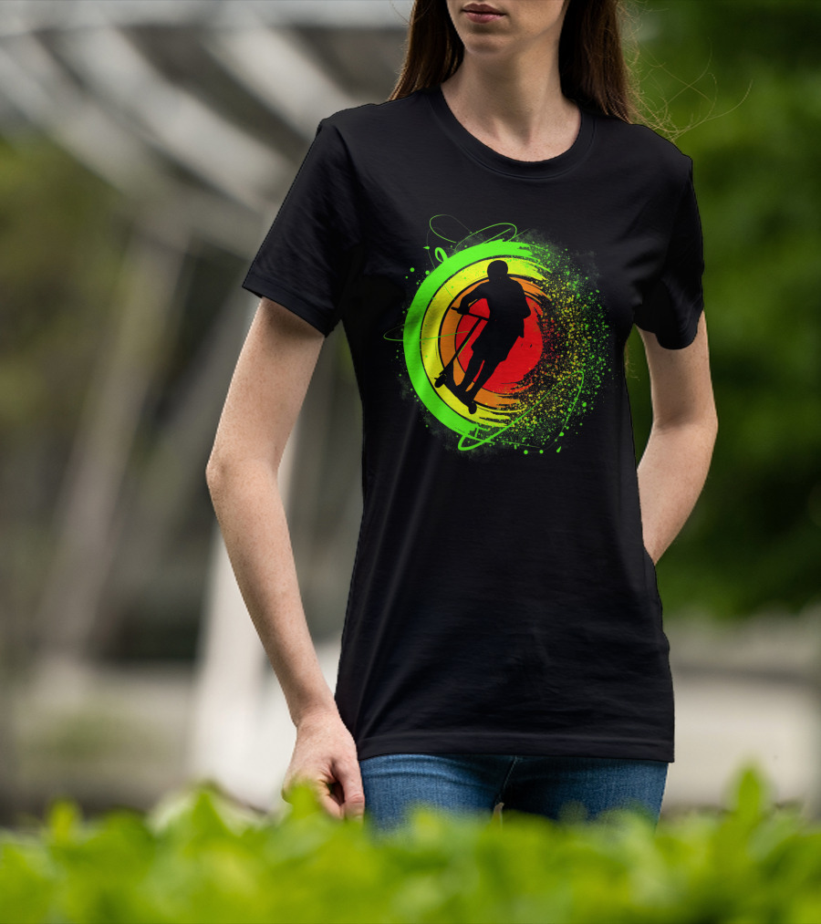 Scooter Stunt Action Silhouette In Vivid Circular Splash T-Shirt
